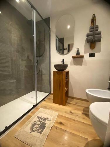 a bathroom with a shower and a sink and a toilet at La Chambre de Chaloz in Valtournenche