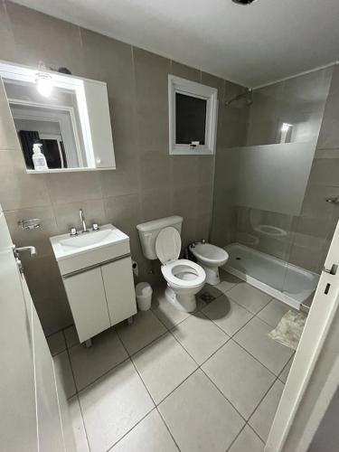 a bathroom with a toilet and a sink and a shower at Departamento centrico in La Cieneguita