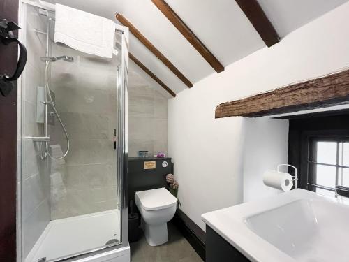 a bathroom with a shower and a toilet and a sink at Denver Cottage - Uk46029 in Monyash