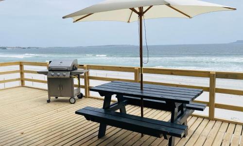a grill and picnic table with an umbrella on the beach at Cuatro Islas Lodge del Mar Cabaña Isla Damas in Choros