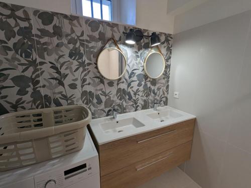 a bathroom with a sink and two mirrors at Gîte rénové à la ferme en Val de Loire, proche forêt d'Orléans et canal, vélo, golf, sites touristiques - FR-1-590-419 in Traînou