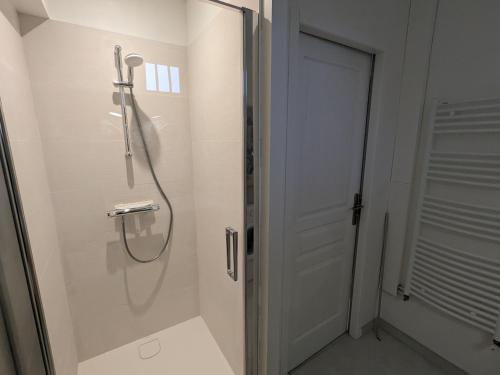 eine Dusche in einem Badezimmer mit einer Glastür in der Unterkunft Gîte rénové à la ferme en Val de Loire, proche forêt d'Orléans et canal, vélo, golf, sites touristiques - FR-1-590-419 in Traînou