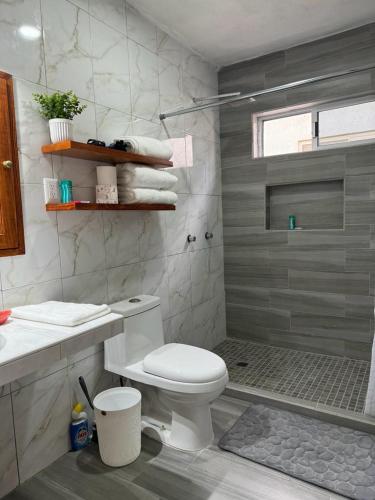 a bathroom with a white toilet and a shower at NUEVA Casa Tipo Departamento Totalmente Climatizado in Tampico