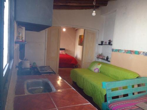 a living room with a green couch and a bed at NUEVA VIDA in Ciudad Lujan de Cuyo