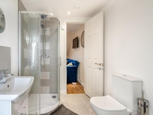 uma casa de banho com um chuveiro, um WC e um lavatório. em Apartment Six - Uk44288 em Arbroath