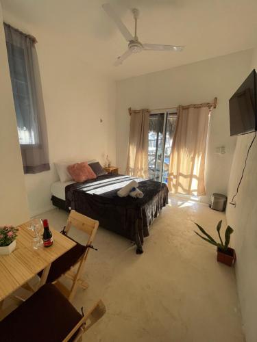 a bedroom with a bed and a couch and a table at Casa Blue "HABITACION DELFIN" in Holbox Island
