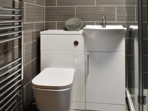 La salle de bains est pourvue de toilettes blanches et d'un lavabo. dans l'établissement The Granary, à Woolaston