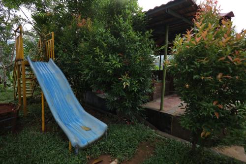 un parque infantil con un tobogán azul en un jardín en Wild Mist Homestay en Rānī