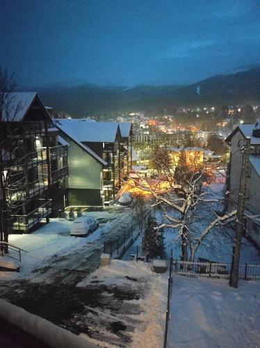 una ciudad con nieve en el suelo y edificios en Apartament 9 SzklarSki en Szklarska Poręba