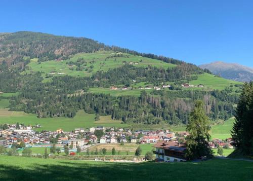 a village on a green hill with trees at das Landblick in Sillian