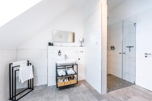 uma casa de banho com um lavatório e um chuveiro em Tonirooms Penthouse em Straubing