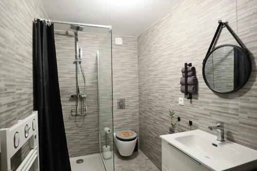 y baño con ducha, lavabo y espejo. en Appartement Le Moderne Idéal pour Couples et Professionnels, en Ornans