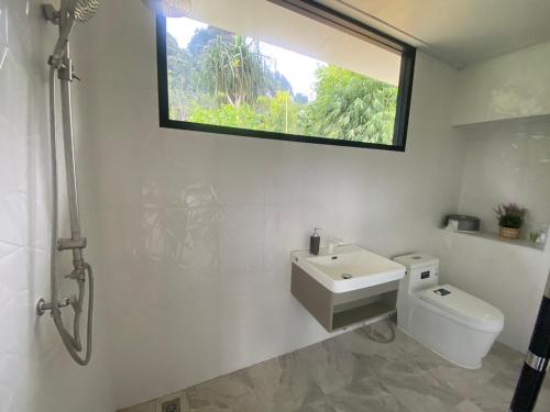 een badkamer met een toilet, een wastafel en een raam bij Cosy Garden Khao Sok in Khao Sok