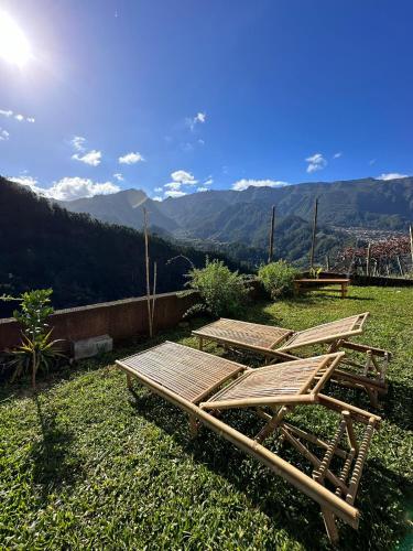 a group of picnic tables sitting on top of a field at The Passion Fruit House in São Vicente