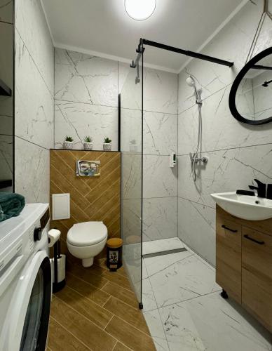 a bathroom with a shower and a toilet and a sink at Apartament Ula in Nysa