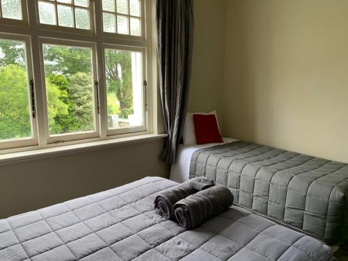 a bedroom with two beds and a window at Thomas's Catlins Lodge and Camp Ground in Owaka