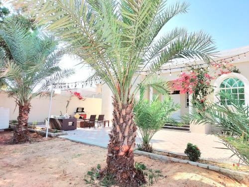 two palm trees in front of a house at Villa 9 Palms Beach in Ras al Khaimah