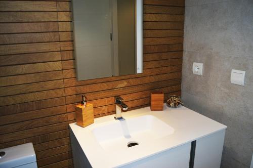 uma casa de banho com um lavatório branco e um espelho. em Apartamenticos Plaza del Pilar I em Saragoça