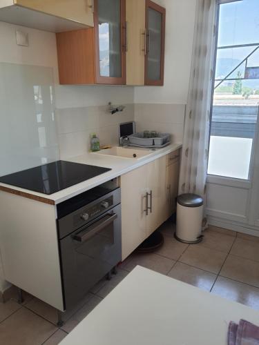 a kitchen with a sink and a counter top at Le Chopin, appartement 3 pièces, parking gratuit, balcon, ascenseur, WiFi in Rhut