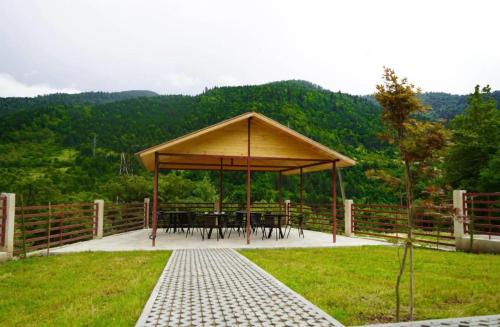 a gazebo with a picnic table in a field at Holiday Borjomi in Borjomi
