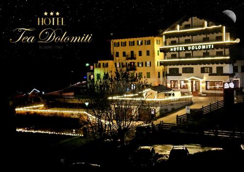阿萊蓋的住宿－Hotel TEA Dolomiti，享有大楼的夜间灯光美景