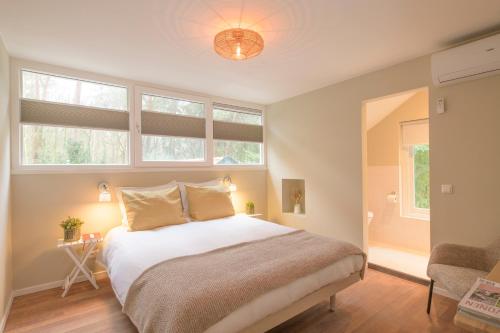 een slaapkamer met een bed en 2 ramen bij Huishotel Bed bij Bort in Ommen