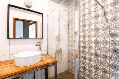 a bathroom with a sink and a mirror and a shower at Golden Apartments Wrocław&K28 in Wrocław