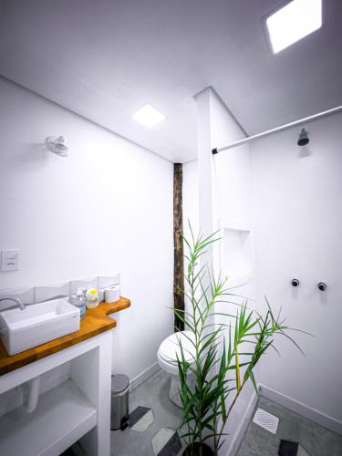 a white bathroom with a toilet and a sink at Flats do Pe na Areia in Abraão