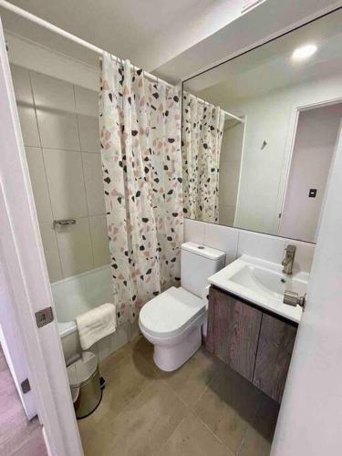 a bathroom with a toilet and a sink and a mirror at Depto. con Vista al Volcan in Villarrica