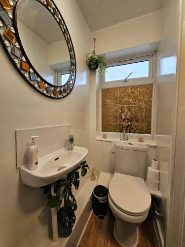 a bathroom with a toilet and a sink and a mirror at Deluxe Town Centre Studio Stevenage in Stevenage