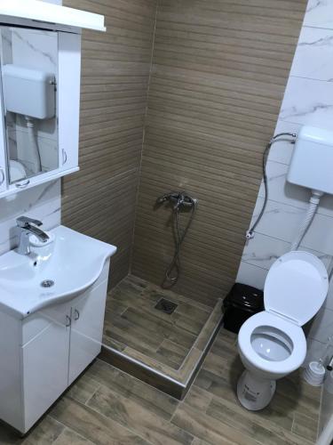a bathroom with a toilet and a sink and a shower at Apartman Ika 4N in Kraljevo