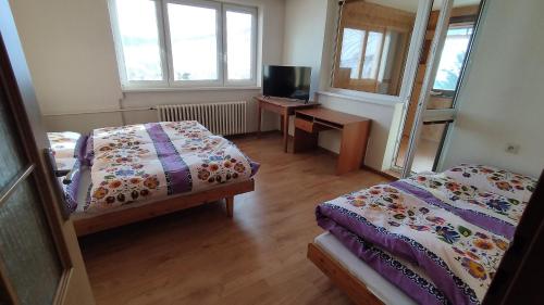 Zimmer mit 2 Betten und einem Schreibtisch mit einem TV in der Unterkunft ubytovanie v súkromí červenka in Liptovská Teplička
