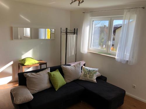 ein Wohnzimmer mit einem schwarzen Sofa und bunten Kissen in der Unterkunft Aparthotel Ochsenfurt mit Terrasse für aktive Reisende in Ochsenfurt
