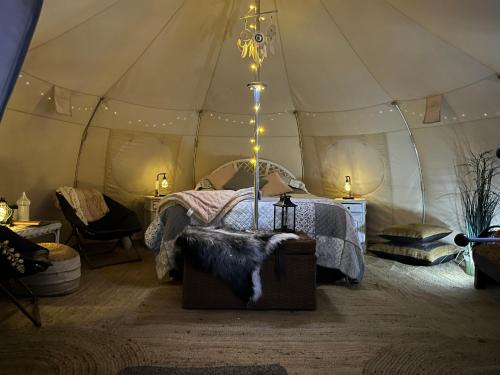 Mount Helena的住宿－Eversprings Glamping，帐篷内一间卧室,配有一张床