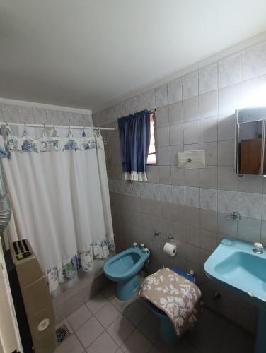 W łazience znajduje się niebieska toaleta i umywalka. w obiekcie Doña Ines w mieście General Acha