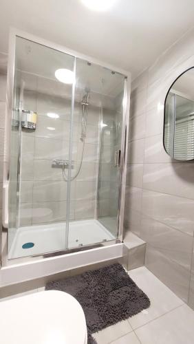 La salle de bains est pourvue d'une douche, de toilettes et d'un tapis. dans l'établissement Prime House - St James Park - Newcastle, à Town Moor