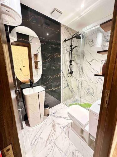 a marble bathroom with a toilet and a shower at LA Perle de la medina in Rabat