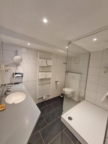 ein Bad mit einem Waschbecken und einem WC in der Unterkunft Familienhotel Löwen in Nesselwang