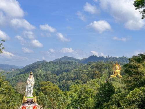 a view of two pagodas and a mountain with trees at Ao Luek Homie Homestay in Krabi town