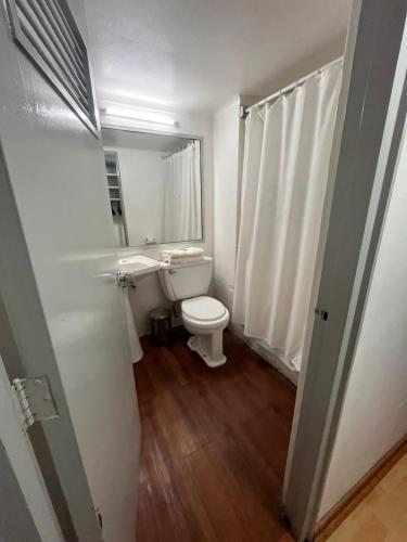 a bathroom with a toilet and a sink and a mirror at NEW HOTEL CRUZ DEL SUR in Concepción
