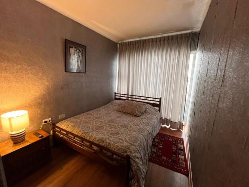 a small bedroom with a bed and a window at NEW HOTEL CRUZ DEL SUR in Concepción