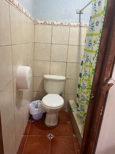ein Bad mit einem WC und einem Duschvorhang in der Unterkunft CARIBbEAN Paradise Hotel in Lanquín