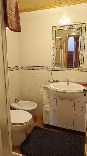 a bathroom with a sink and a toilet and a mirror at Casa do Galvão -Turismo Rural - Serra da Estrela in Aguincho