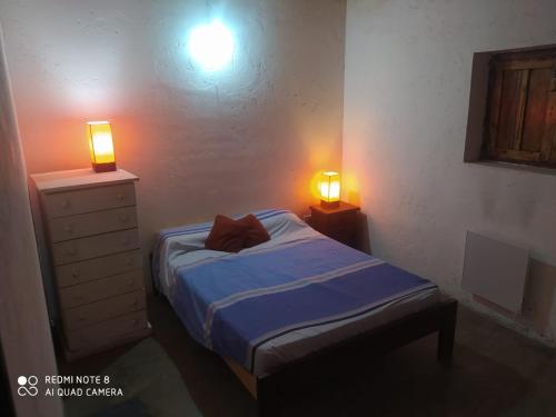 1 dormitorio pequeño con 1 cama y 2 lámparas en Cabaña El Paraíso en Tinogasta