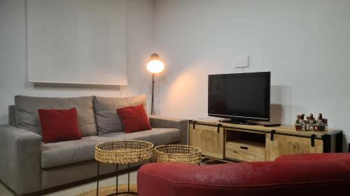 a living room with a couch and a flat screen tv at Casa FotoStudi37 in Deltebre