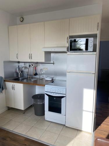 une cuisine avec une cuisinière blanche et un micro-ondes dans l'établissement Hôtel Particulier, à Champlan