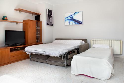 um quarto com 2 camas e uma televisão de ecrã plano em Apartamento Pico Aspe em Jaca