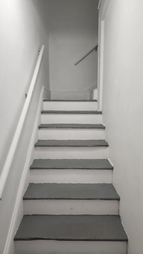 - un escalier dans une chambre blanche avec marches grises dans l'établissement Apartment Retreat, à Roanoke