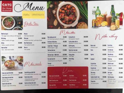 a menu for a restaurant with food and drinks at K' SEA VIEW ARENA RESORT o in Miếu Ông