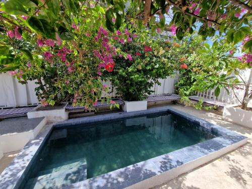 a swimming pool in a garden with flowers at PIPA BAVARIA BEIRA MAR in Pipa